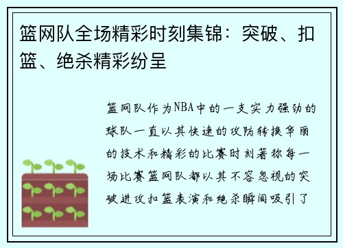 篮网队全场精彩时刻集锦：突破、扣篮、绝杀精彩纷呈