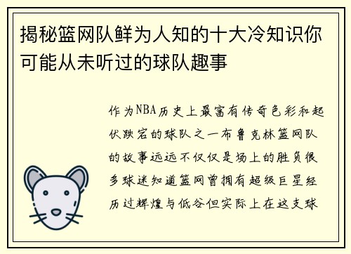 揭秘篮网队鲜为人知的十大冷知识你可能从未听过的球队趣事